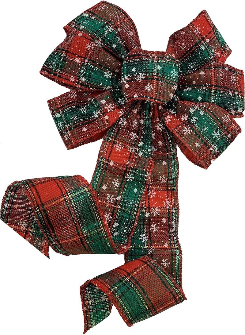 GiftWrap Etc. Snowflake Plaid Christmas Wreath Bow - 10" Wide, 18" Long Pre-Tied Bow, Door Decoration, Gift Basket, Swag, Garland, Fall Decor, Winter, Thanksgiving - Image 1